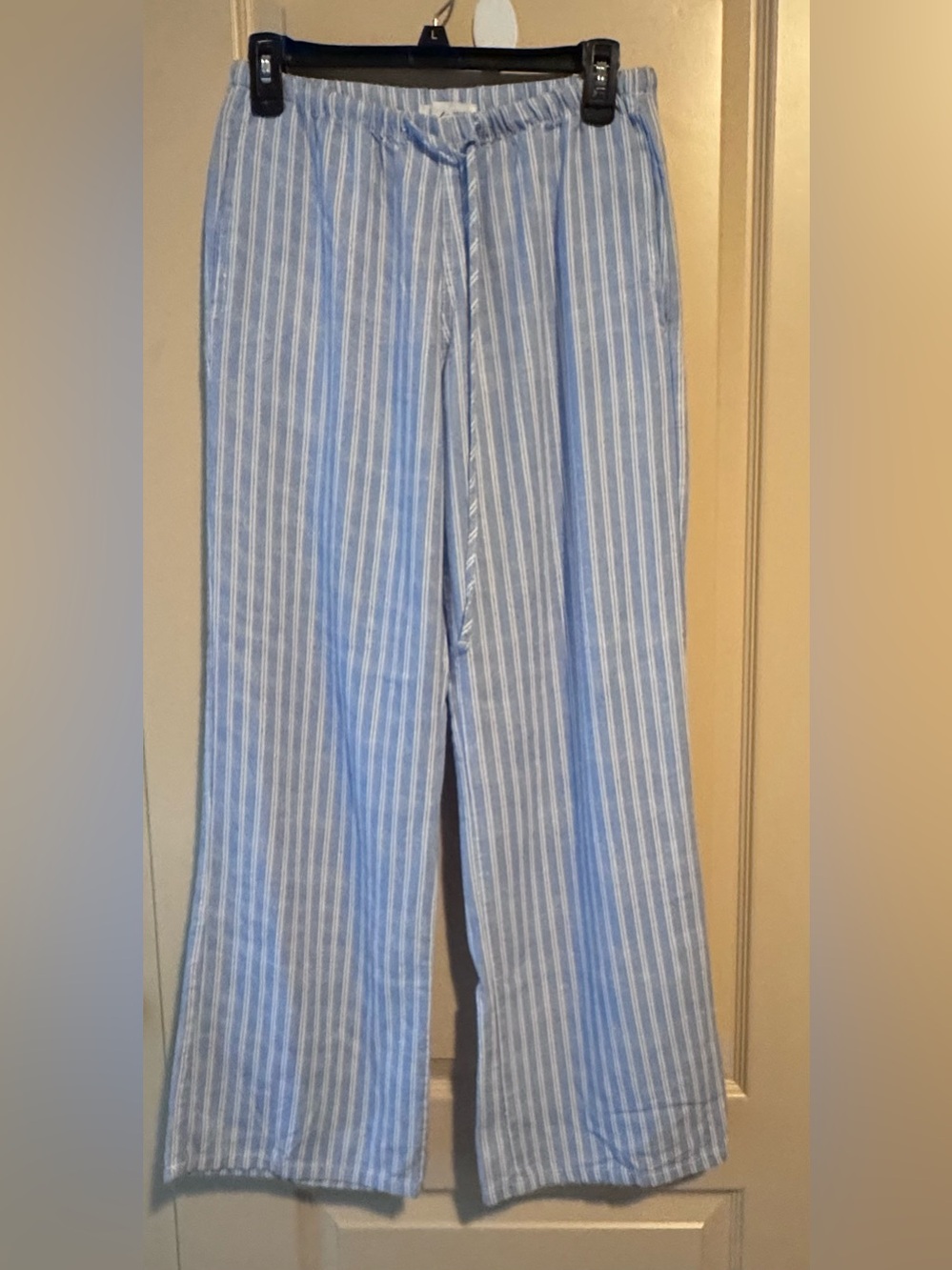 Cali1850 Pull on Pants Linen
Blend Blue White Striped
Drawstring Pockets S
